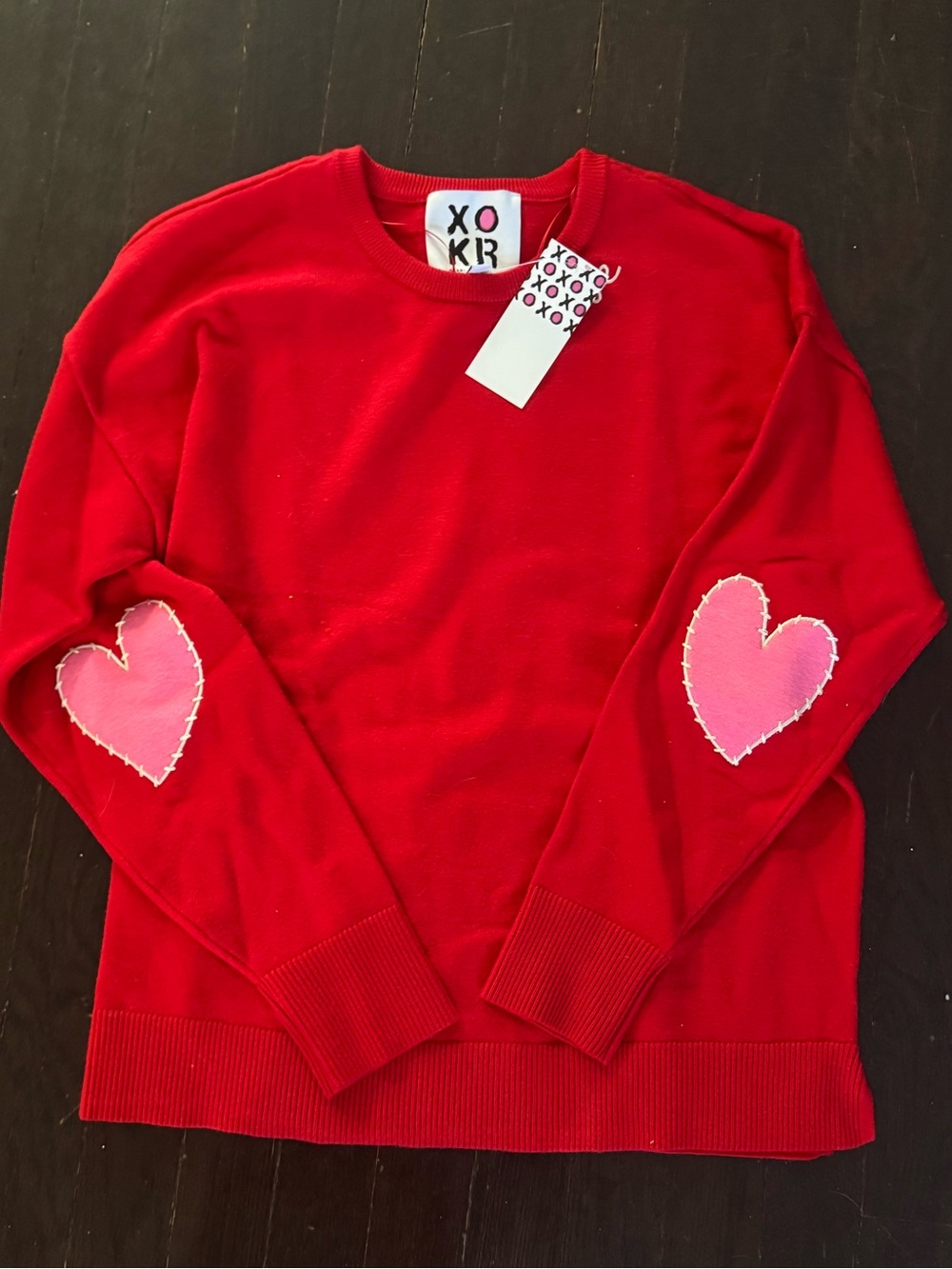 NWT Kerri Rosenthal XOKR Red Sweater w Pink Heart-Elbow, Sz S - Picture 2 of 8